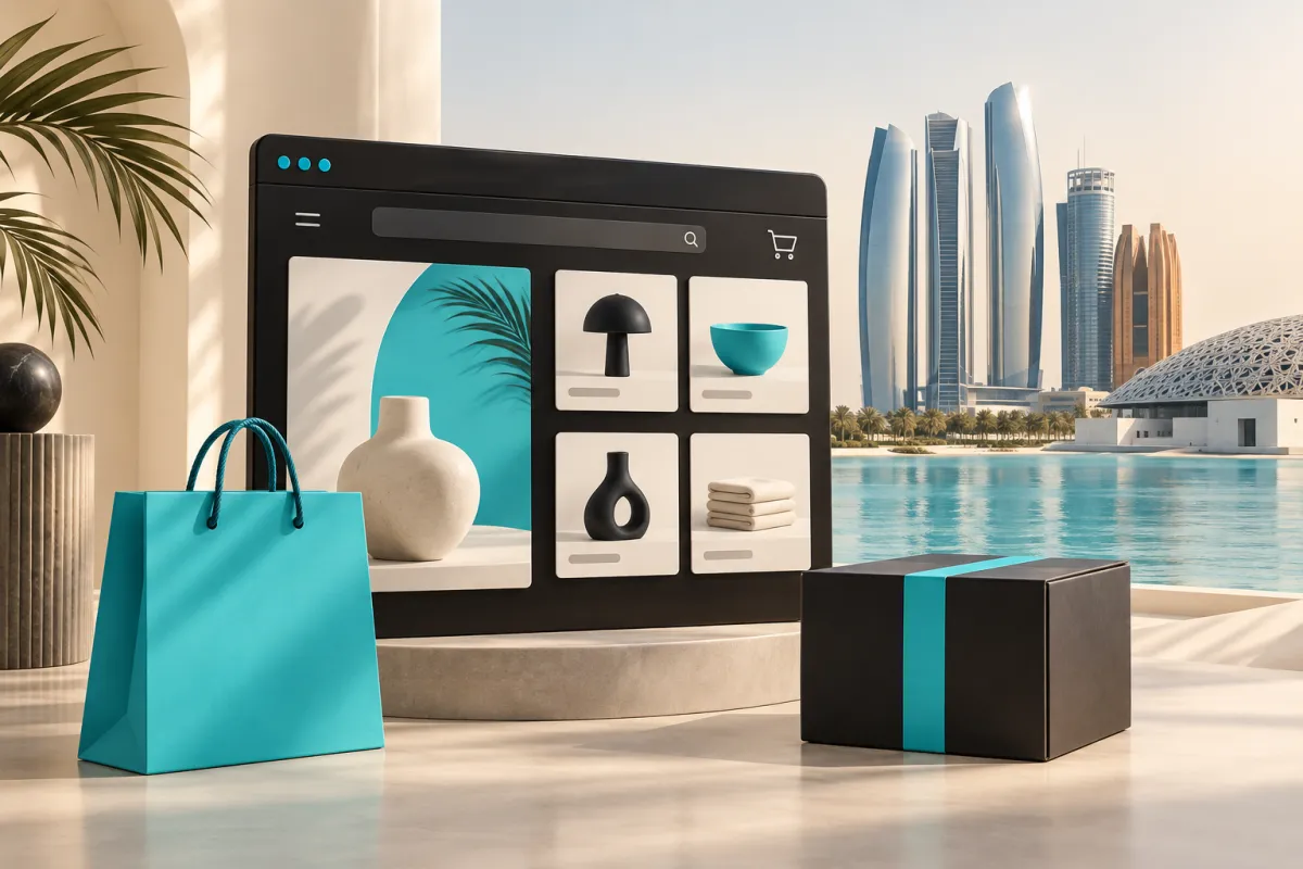 Online storefront, shopping bag and parcel with an illustrated Abu Dhabi waterfront