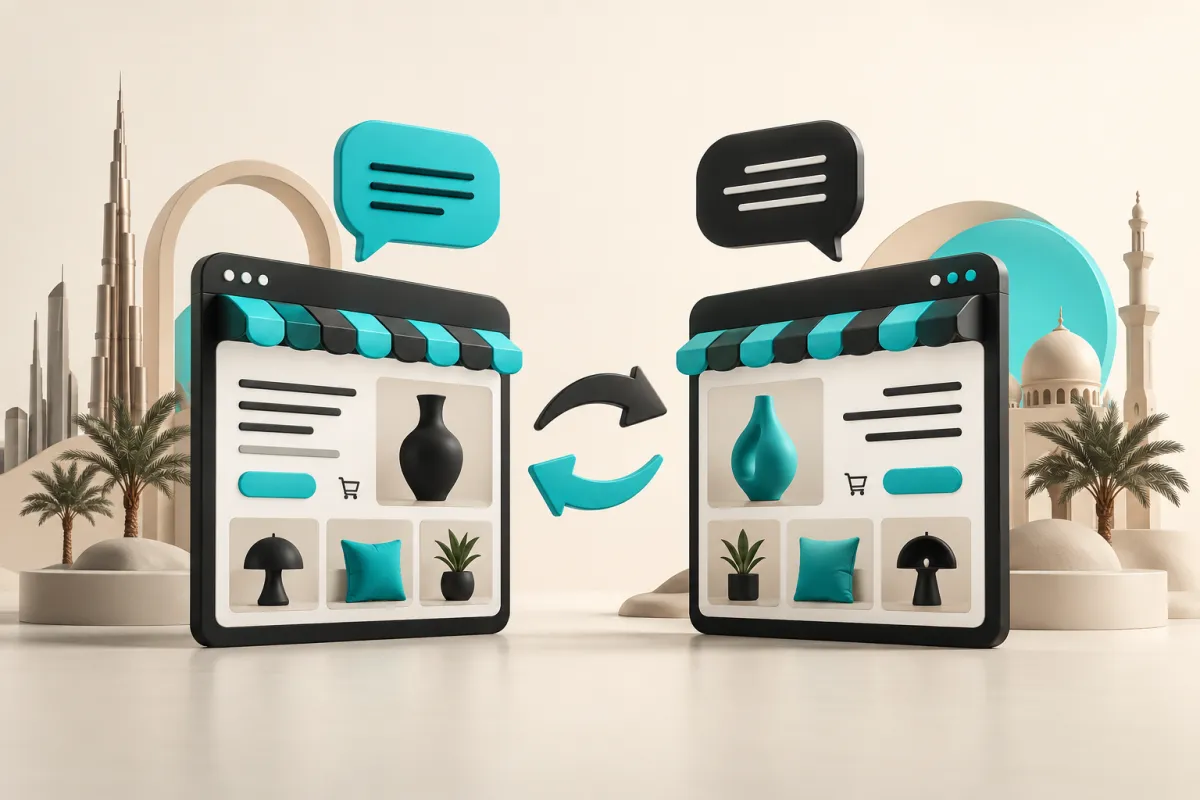 Mirrored Arabic RTL and English Shopify storefront layouts for a UAE ecommerce business