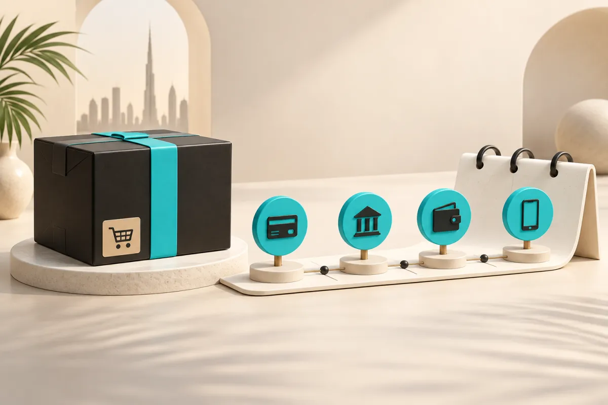Shopping parcel and scheduled payment tokens illustrating buy now pay later checkout