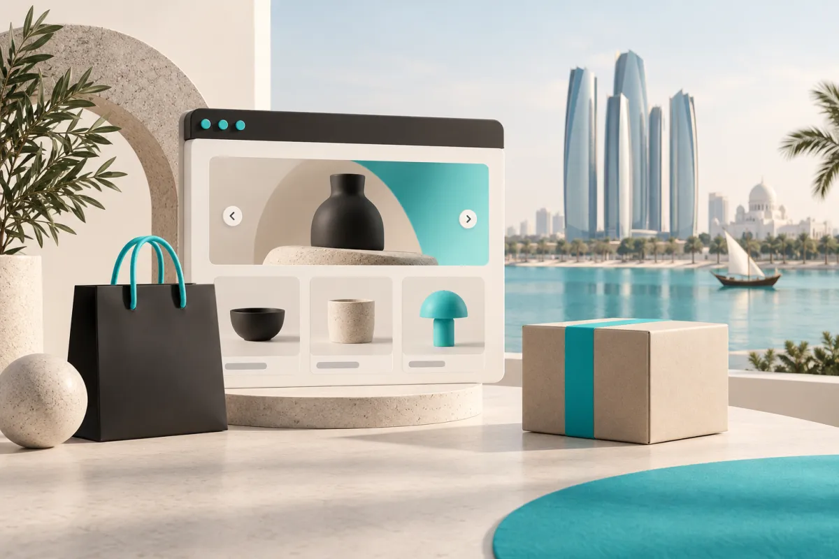 Conceptual illustration of a UAE online storefront, shopping bag and delivery parcel