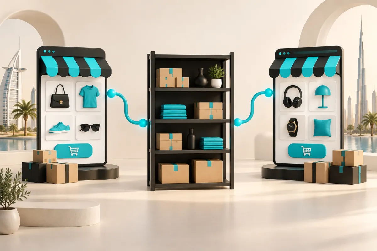 Shared inventory shelf connected to marketplace storefronts, illustrating multichannel stock synchronization