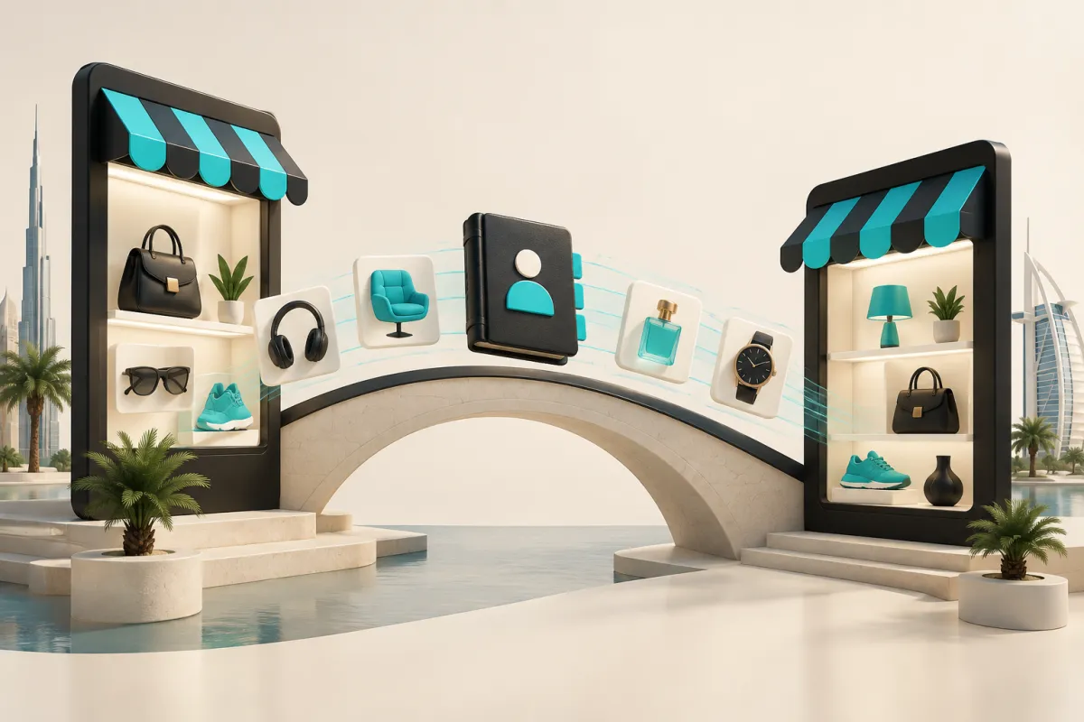 Products and customer records crossing between storefronts, illustrating ecommerce migration