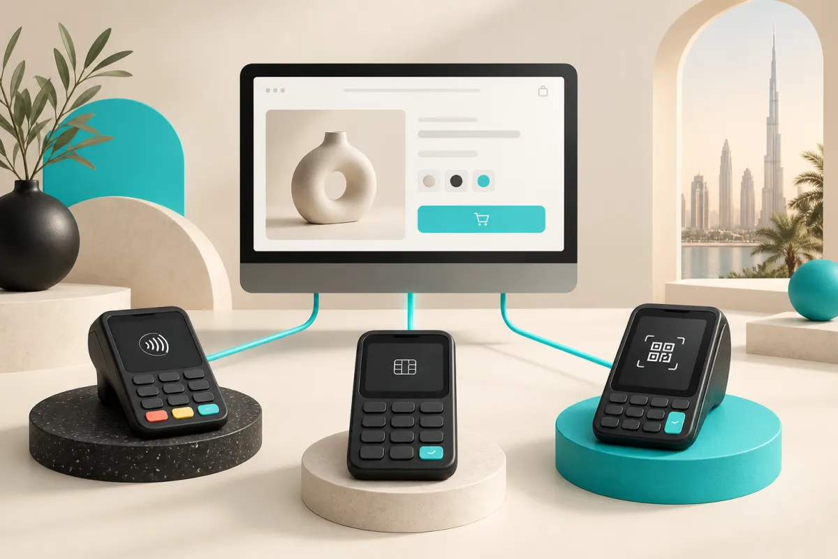 Three payment terminals connected to an online checkout, illustrating UAE payment gateway integration