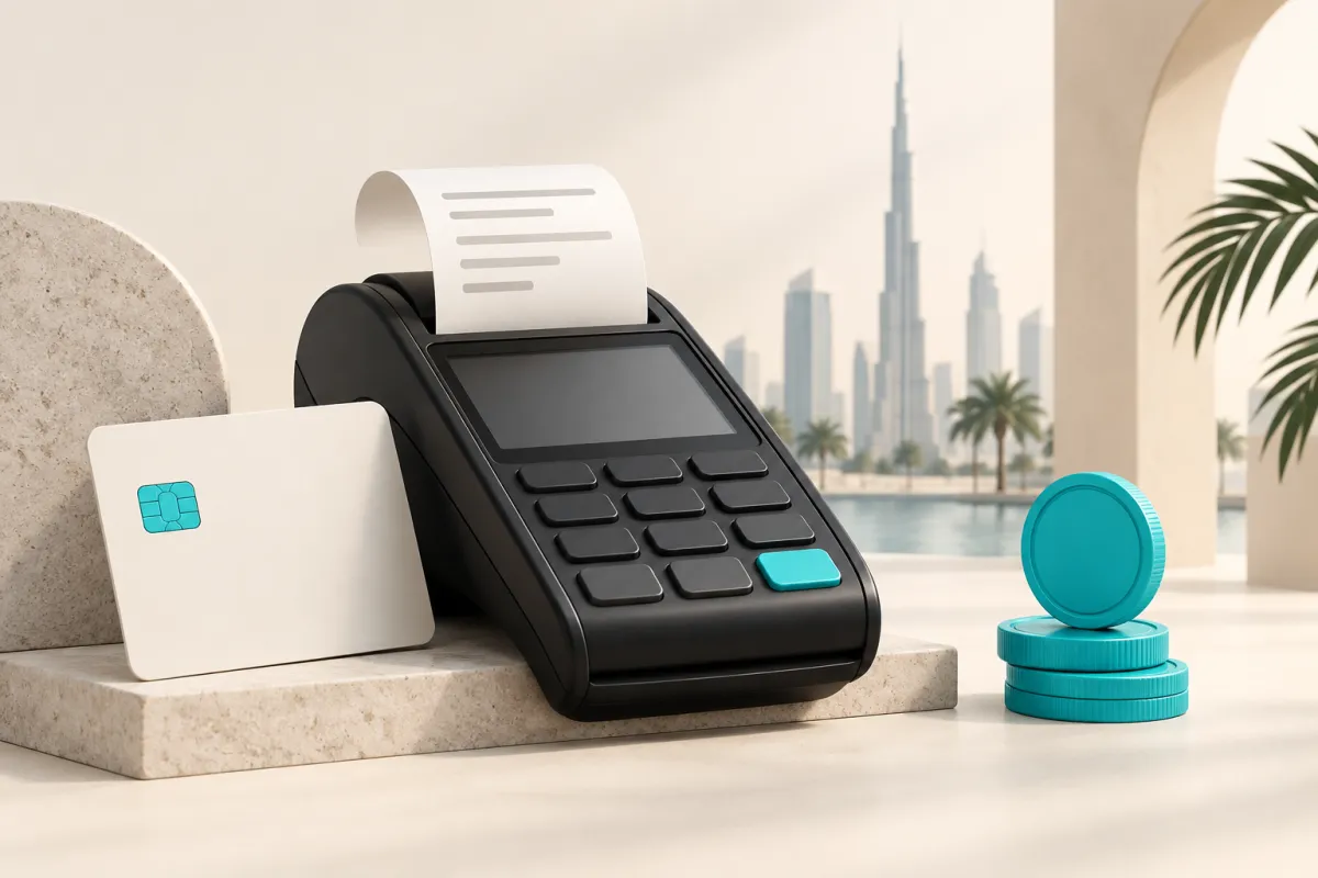 Conceptual illustration of ecommerce payment processing, a receipt and coins in the UAE