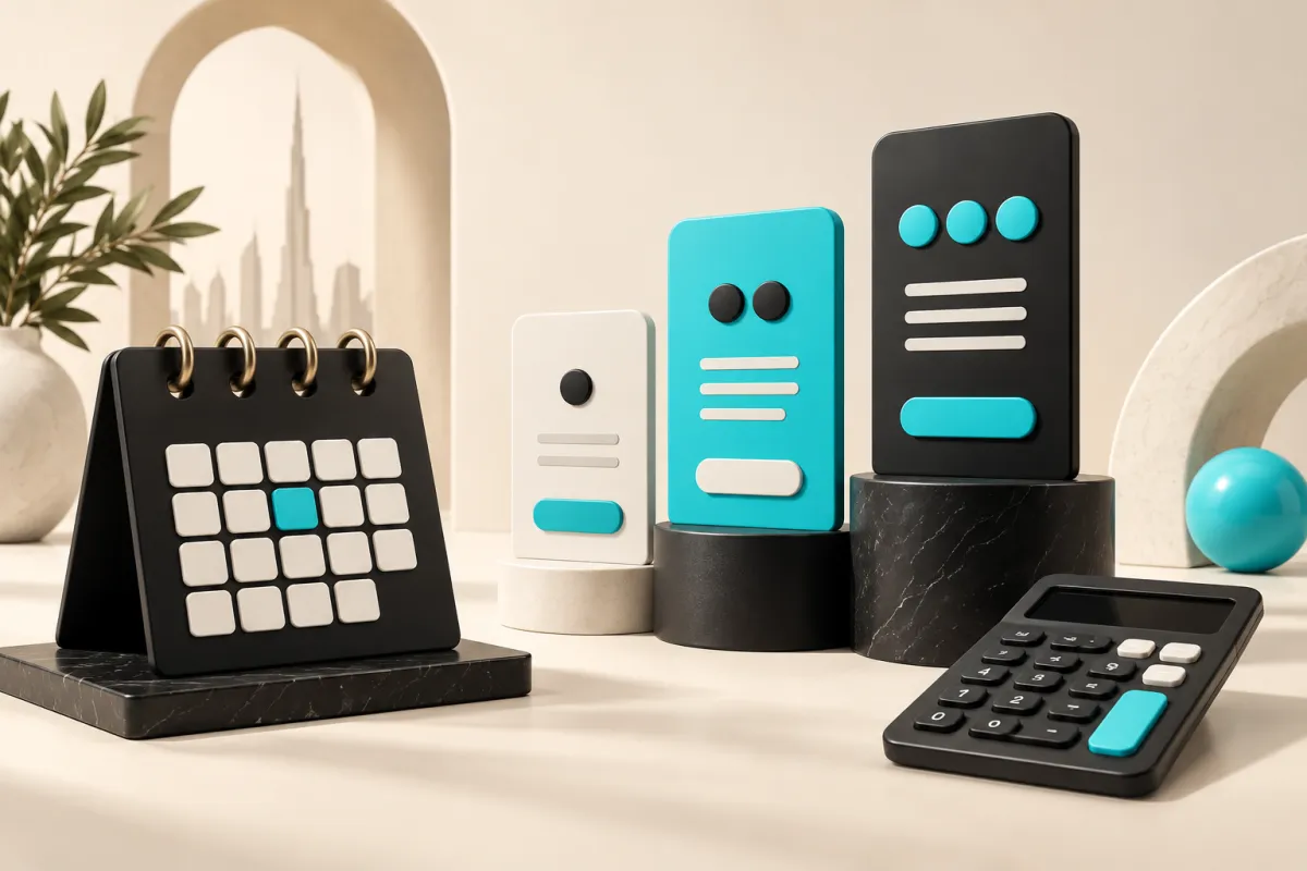 Calendar, subscription cards and calculator illustrating Shopify monthly and annual plan budgeting in AED