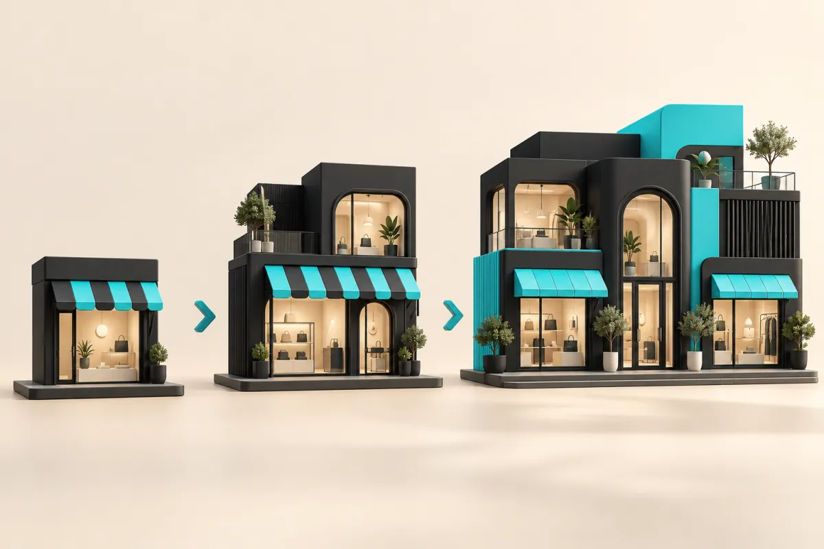 Storefront expanding through modular stages, illustrating a Shopify Plus upgrade decision