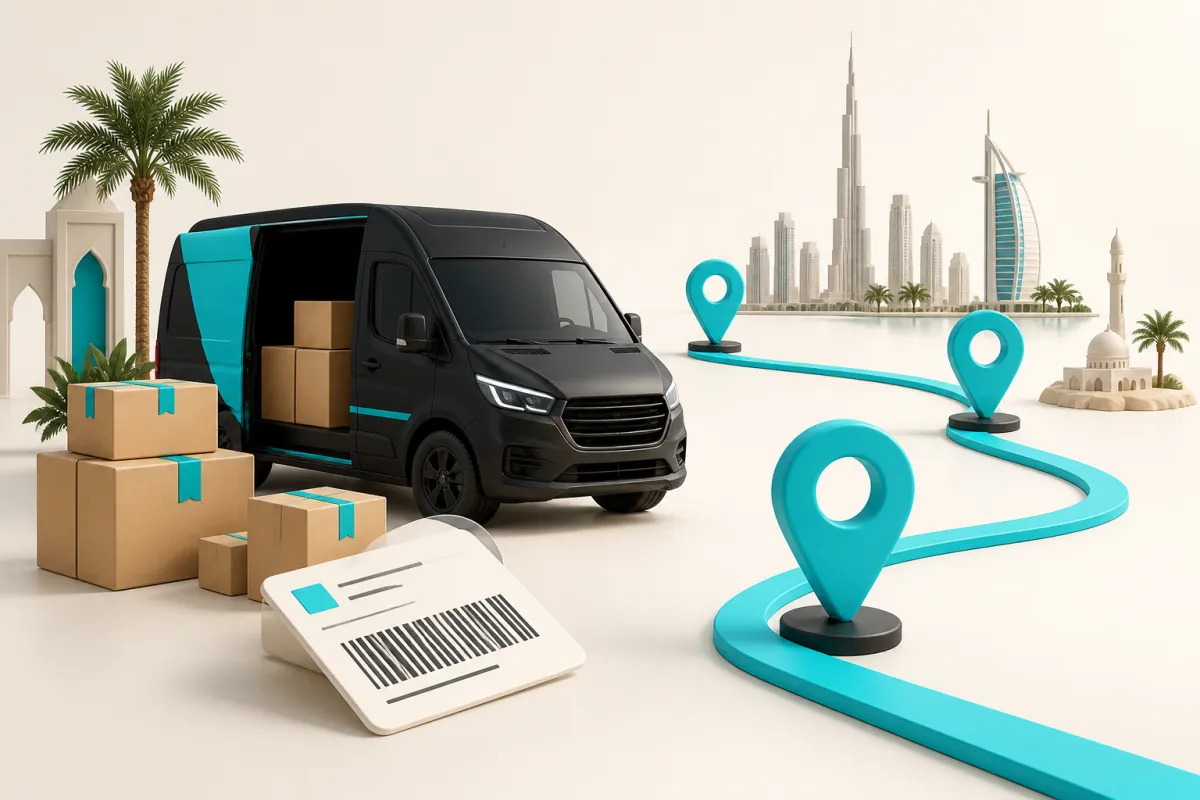 Delivery van, labelled parcels and route markers illustrating UAE ecommerce shipping