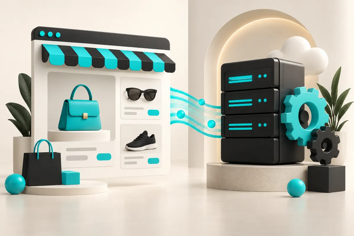 Storefront design panels contrasted with backend software, illustrating themes versus custom apps