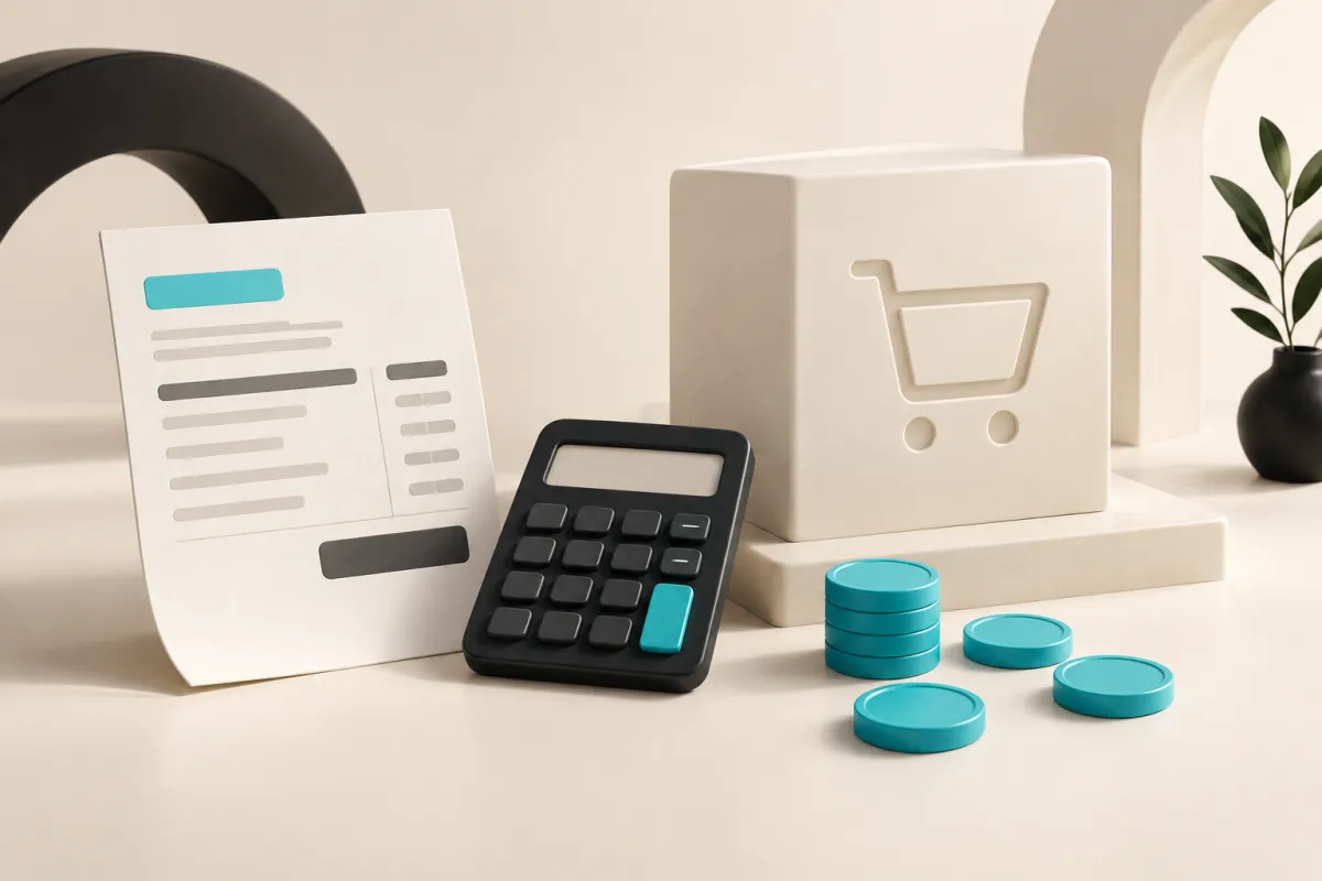 Invoice, calculator and coins illustrating UAE VAT calculation and sales accounting