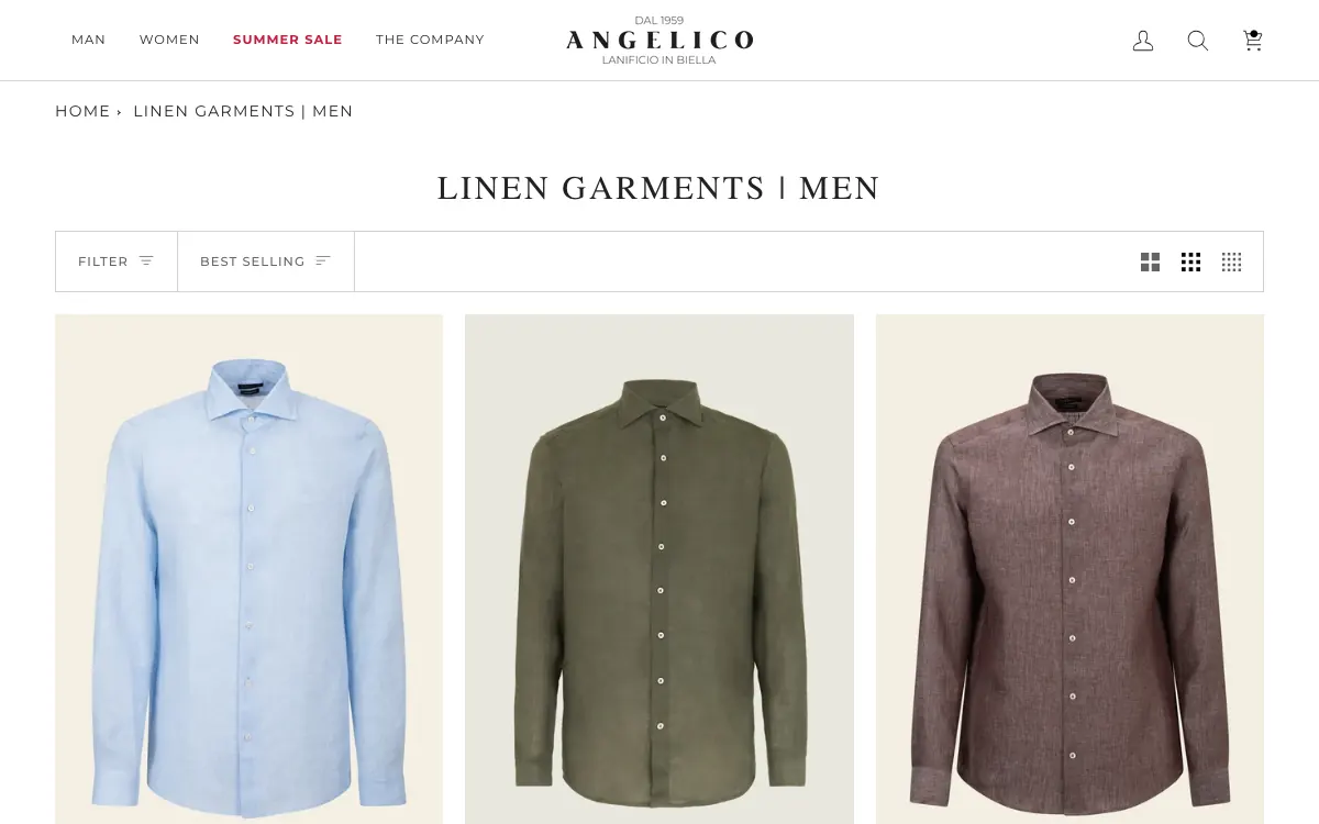 Angelico Linen Garments men’s Shopify collection page on desktop