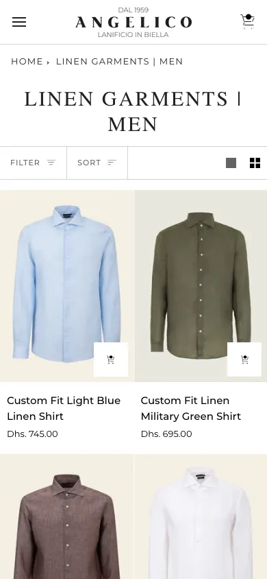 Mobile product grid on the Angelico Linen Garments Shopify collection page