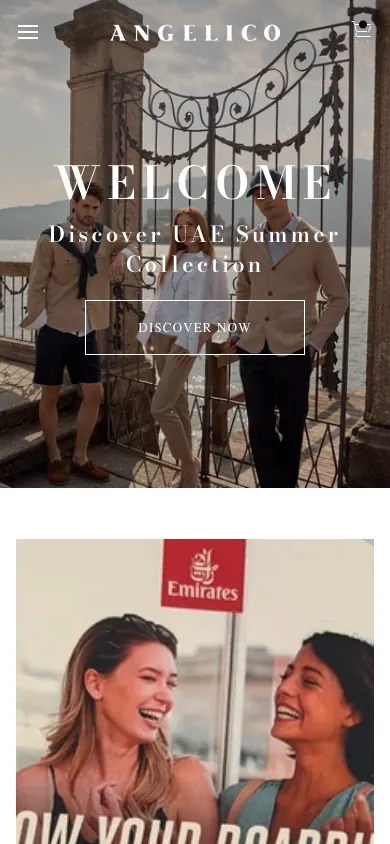 Mobile view of the Angelico UAE Shopify homepage and summer campaign