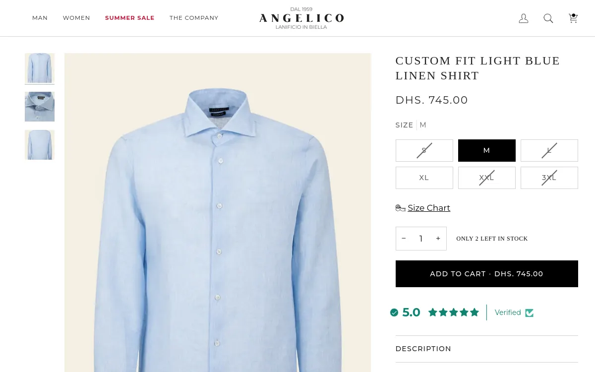 Angelico Custom Fit Light Blue Linen Shirt Shopify product page on desktop