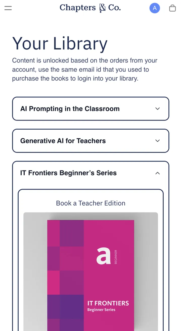 Mobile Chapters & Co resource library with teacher books and course categories