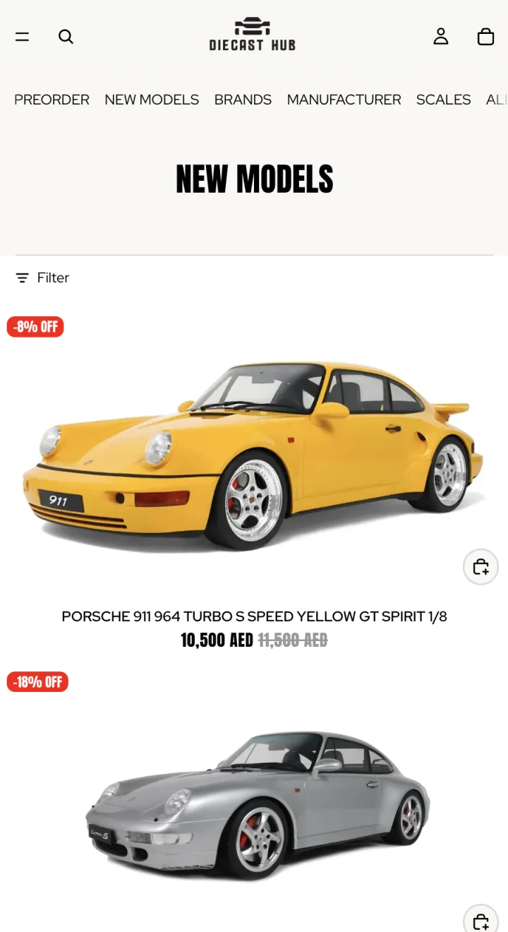 Mobile Diecast Hub new models collection with filter and product cards