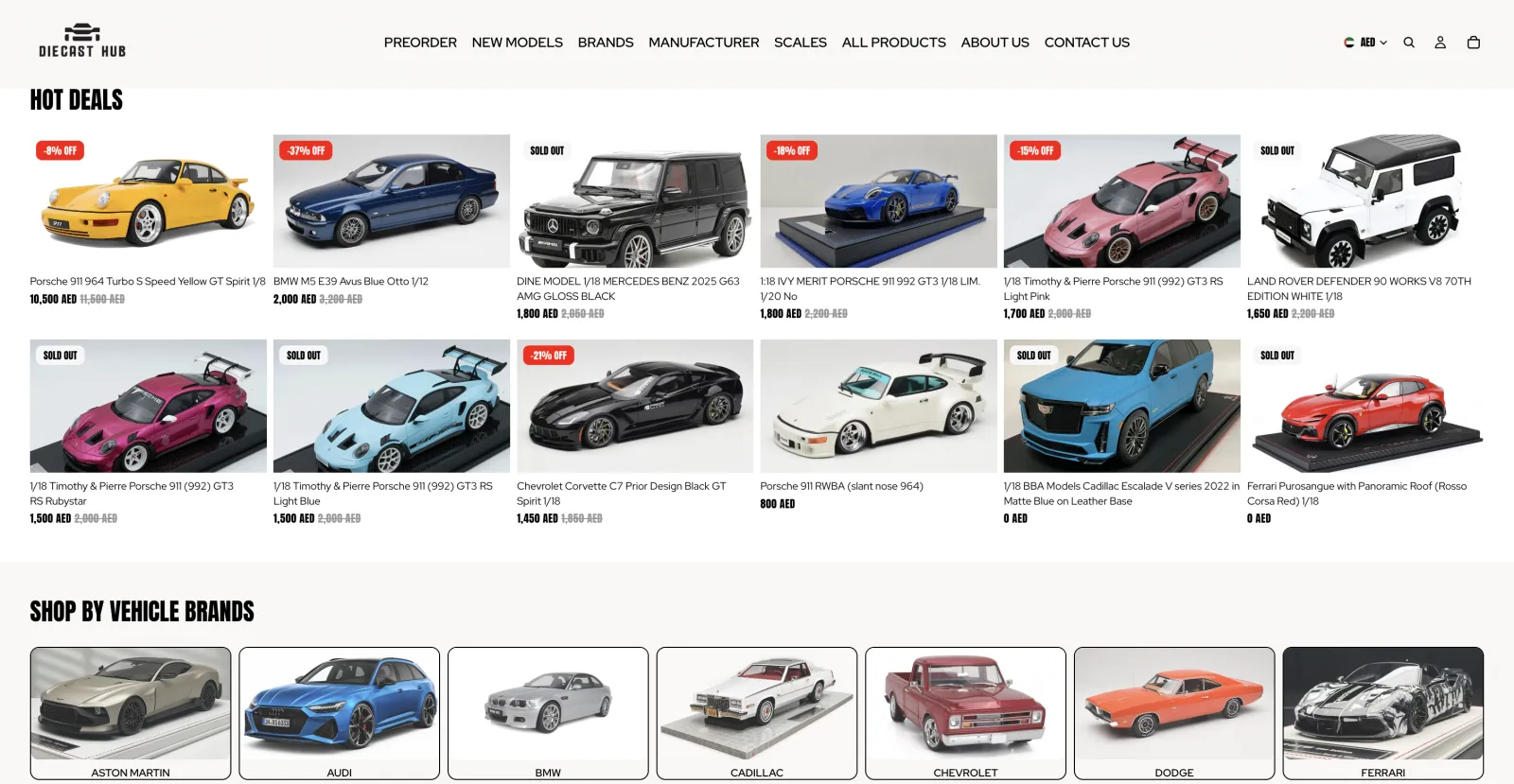 Diecast Hub desktop homepage showing hot deals and shop-by-vehicle-brand sections