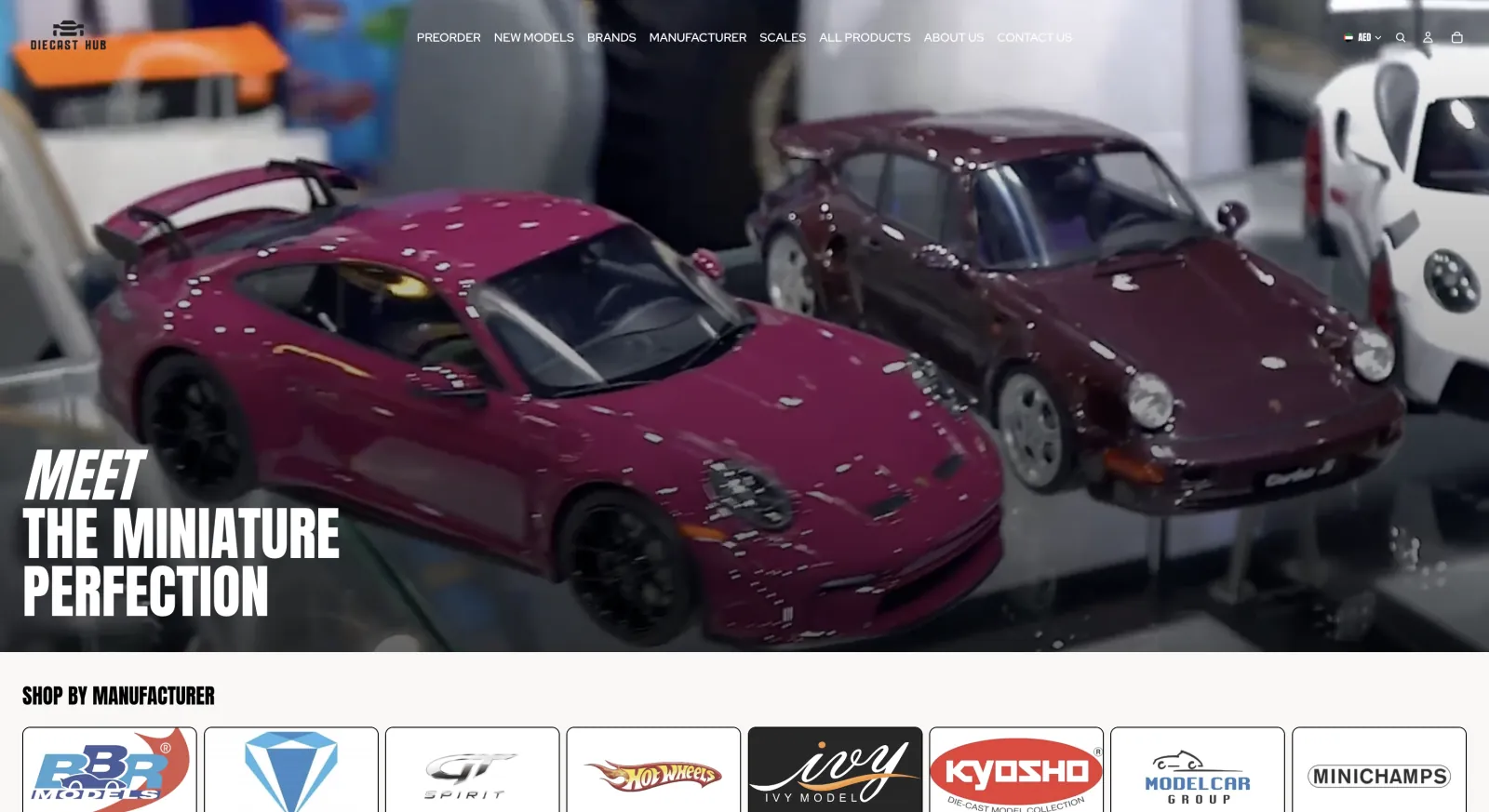 Diecast Hub UAE Shopify homepage hero on desktop with miniature model car campaign