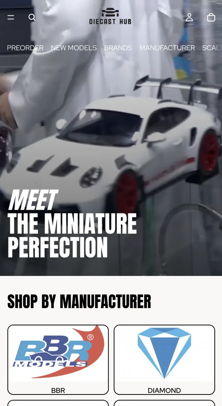 Mobile Diecast Hub Shopify homepage with model car campaign and manufacturer cards