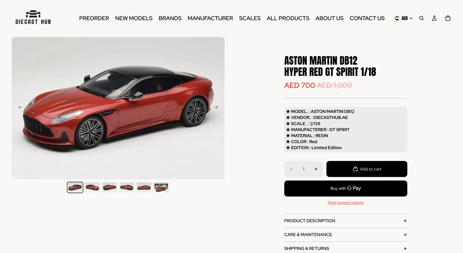 Diecast Hub Shopify product page for a red Aston Martin DB12 scale model on desktop