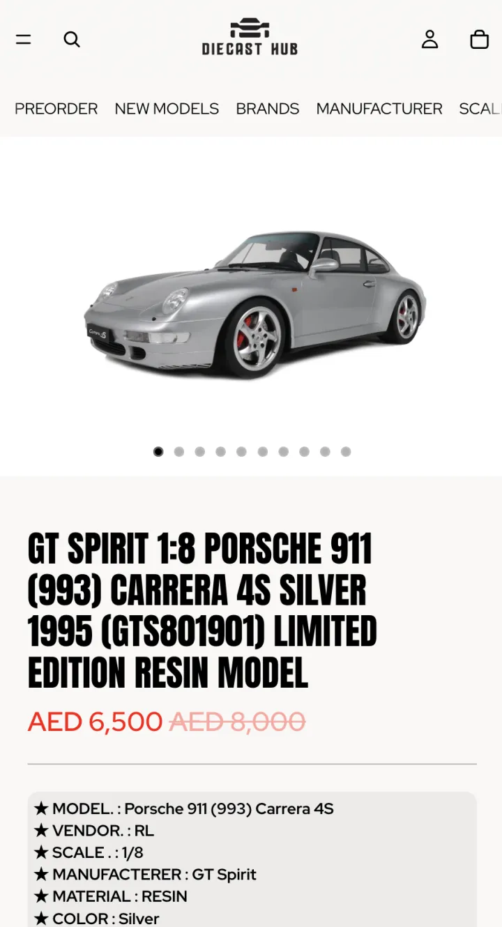 Mobile Diecast Hub Shopify product page for a silver Porsche 911 scale model