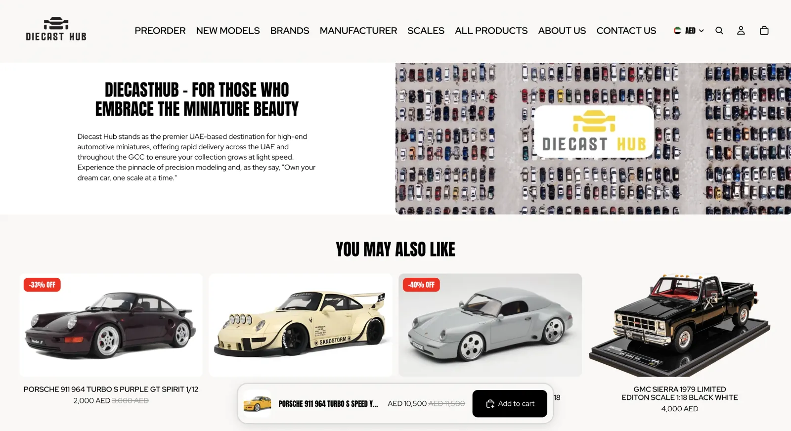Diecast Hub desktop product recommendations and brand story sections