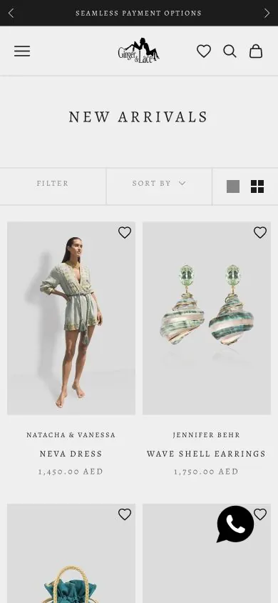 Mobile product grid and filters on the Ginger & Lace New Arrivals collection page