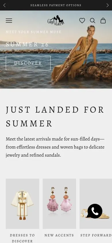 Mobile view of the Ginger & Lace Shopify homepage and Summer 26 campaign