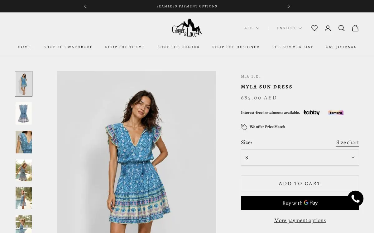 Ginger & Lace Myla Sun Dress Shopify product page on desktop