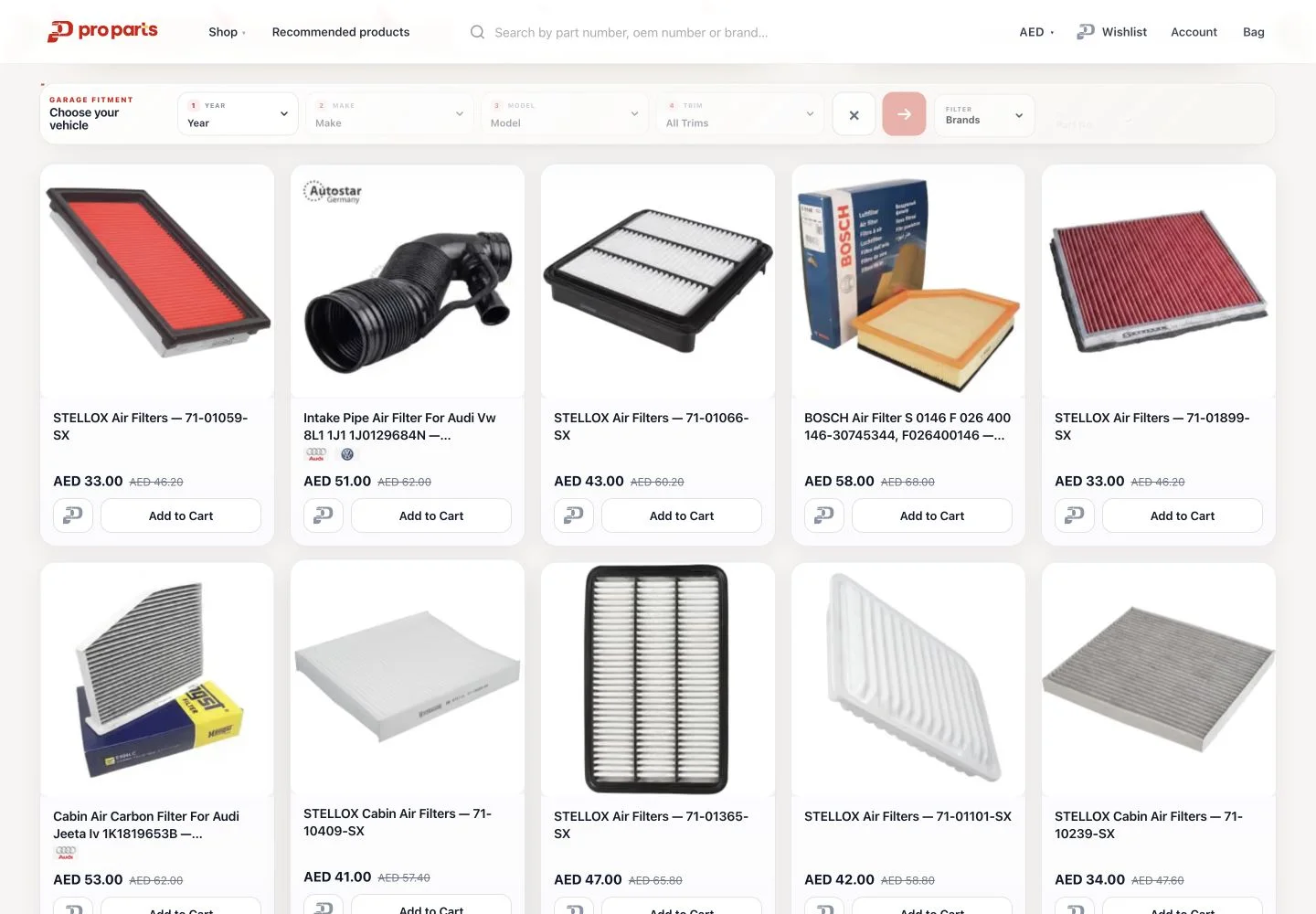 Proparts desktop air-filter catalogue with vehicle selectors, product cards and AED prices