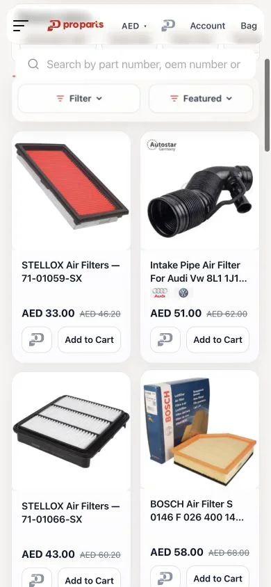 Proparts mobile air-filter collection with filters and two-column product cards