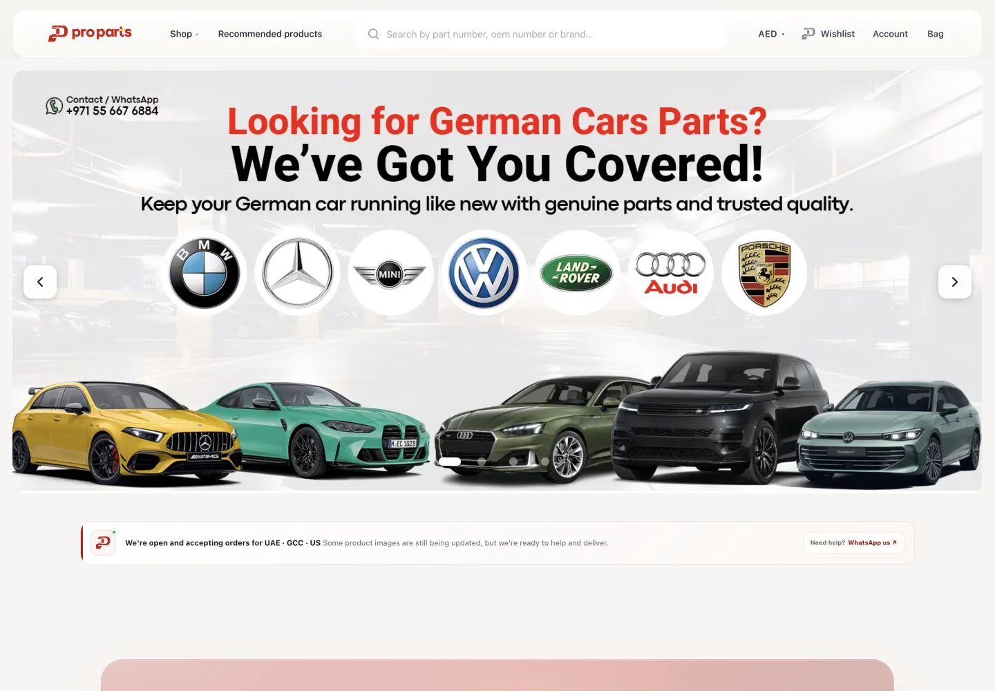 Proparts UAE automotive parts homepage with a German-car campaign banner