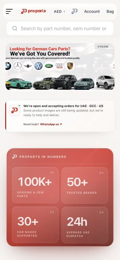 Proparts mobile homepage with parts search and automotive campaign banner