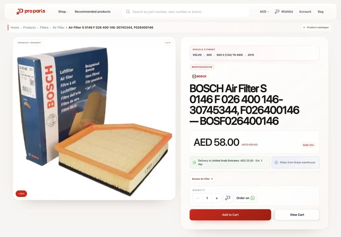 Proparts Bosch air-filter product page with part reference, vehicle fitment and AED pricing