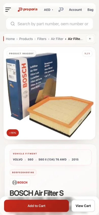 Proparts mobile Bosch filter page showing product photography, vehicle fitment and cart button