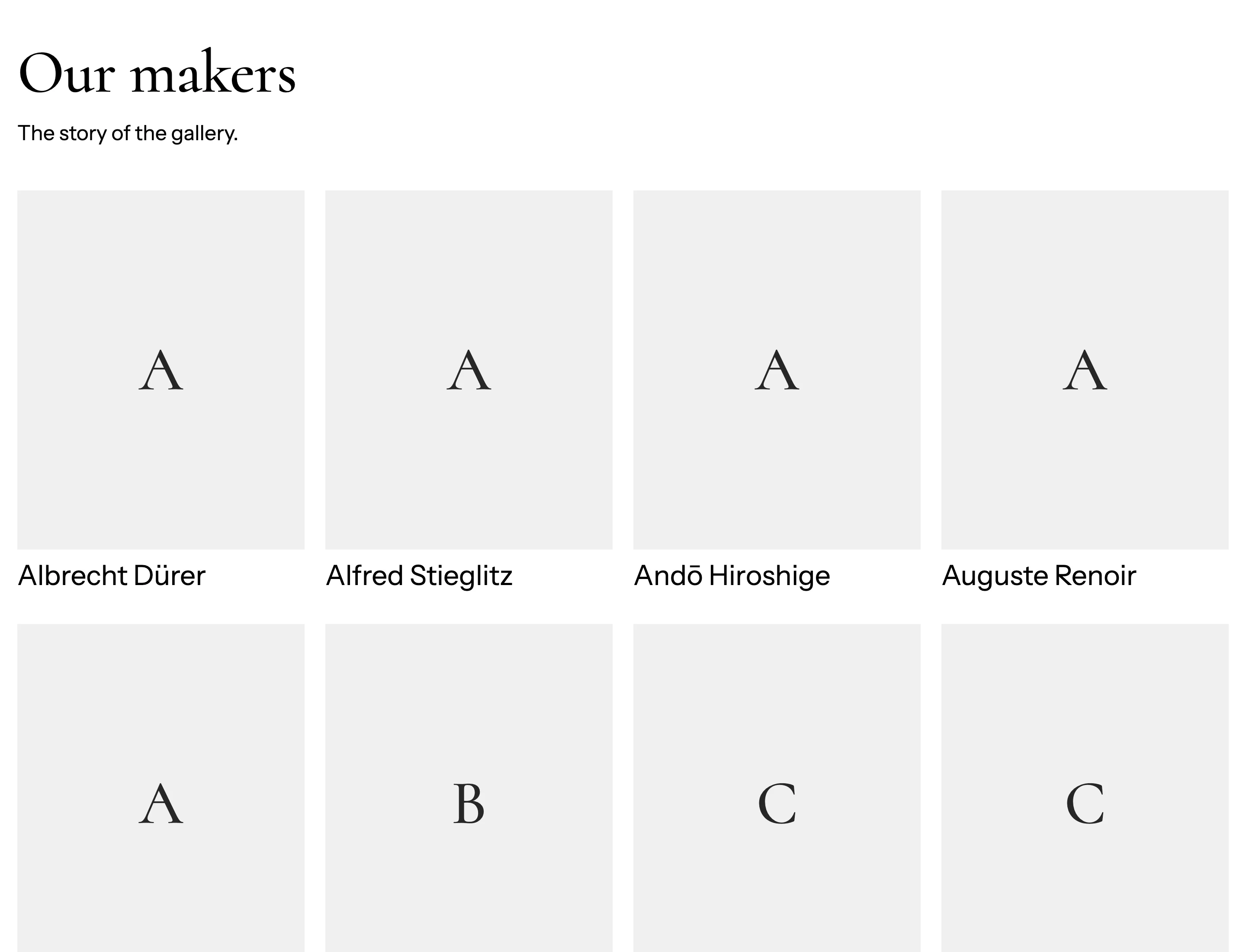 The maker index as a grid with portraits