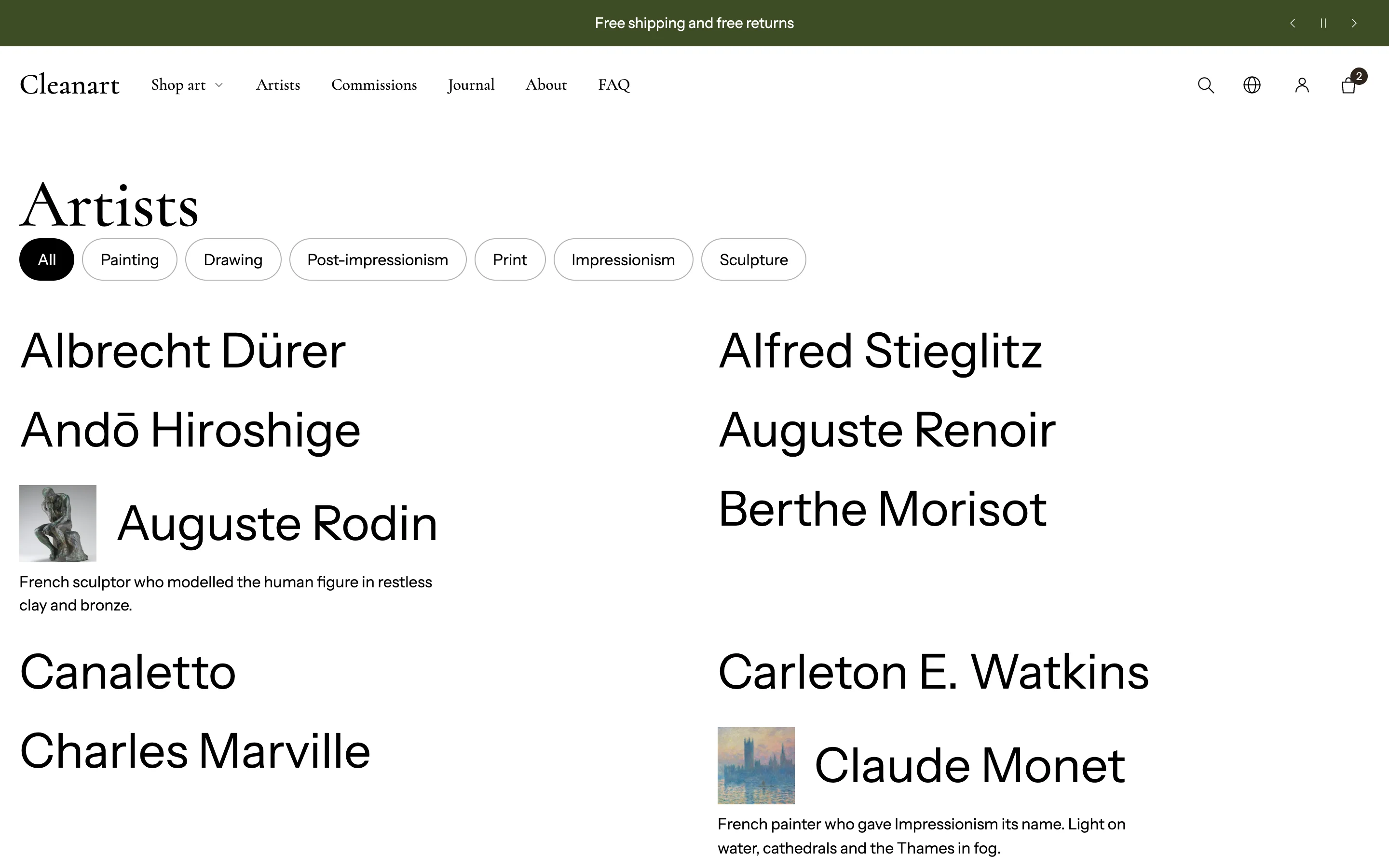 The artist index page