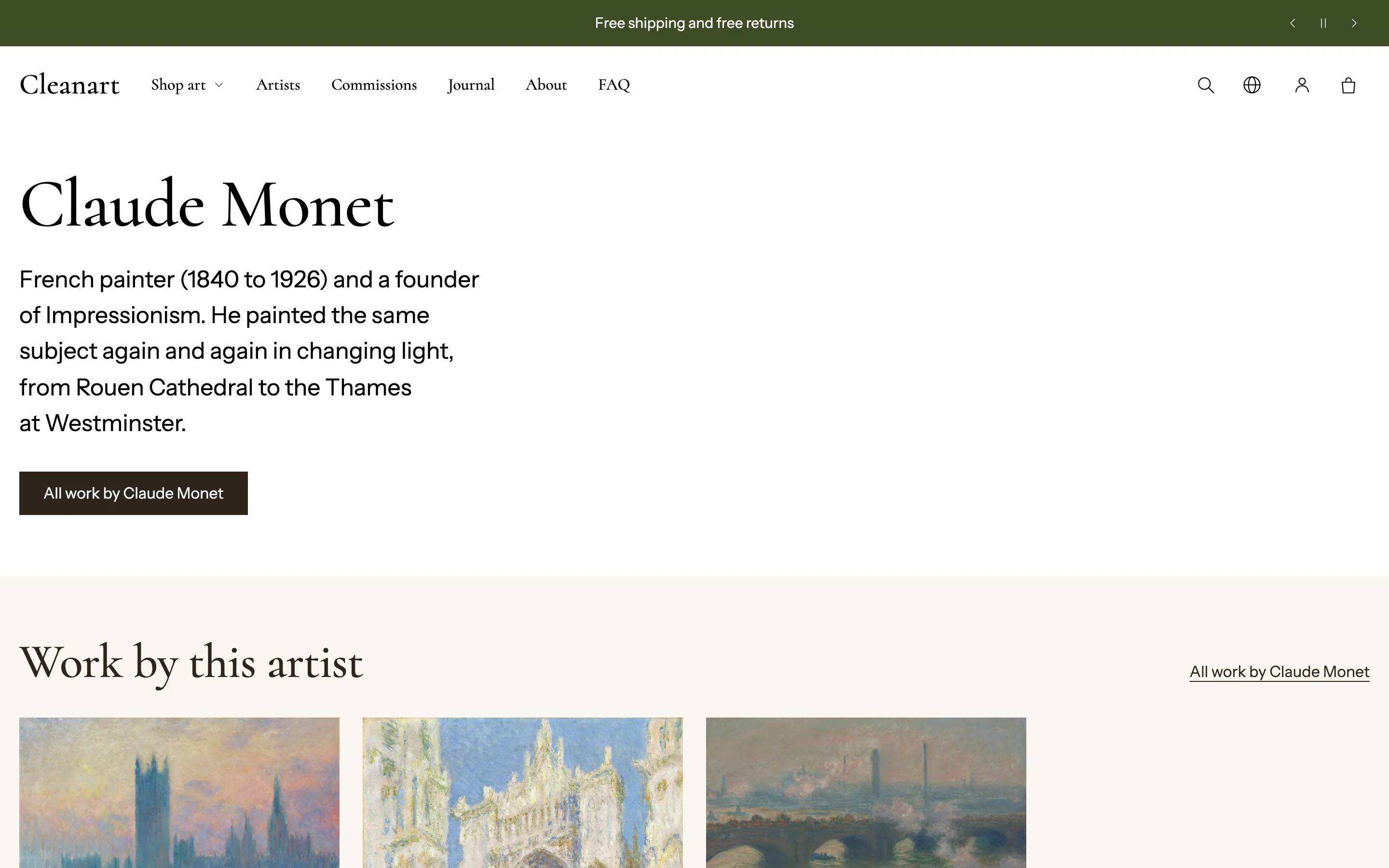 An artist page with biography and works