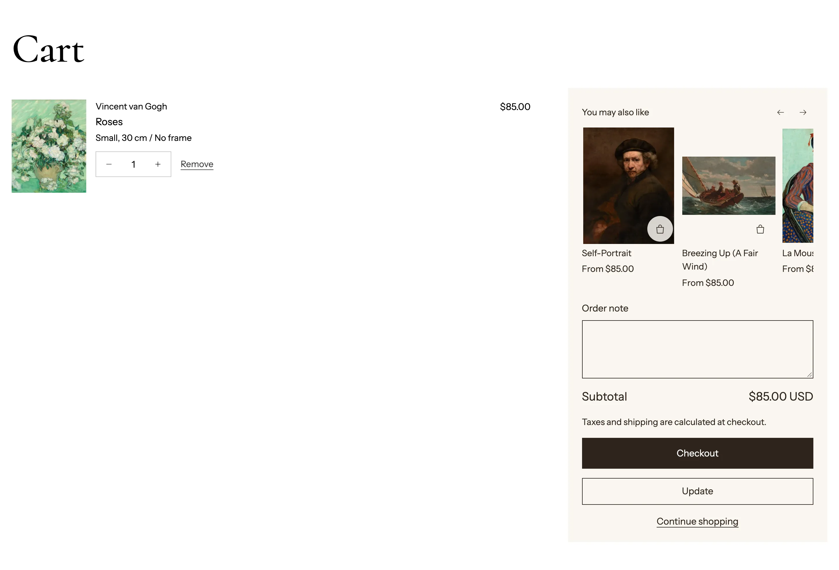 Suggested products above the order note on the cart page
