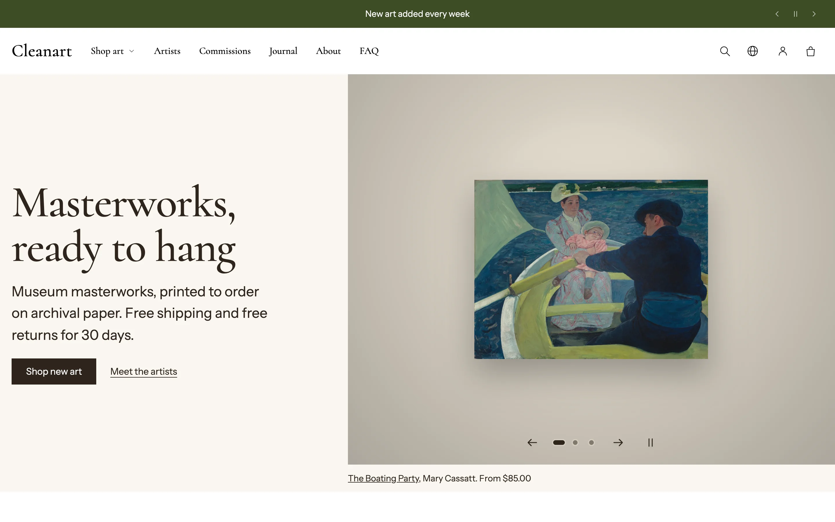 The Clean Art home page with a featured artwork on a gallery wall