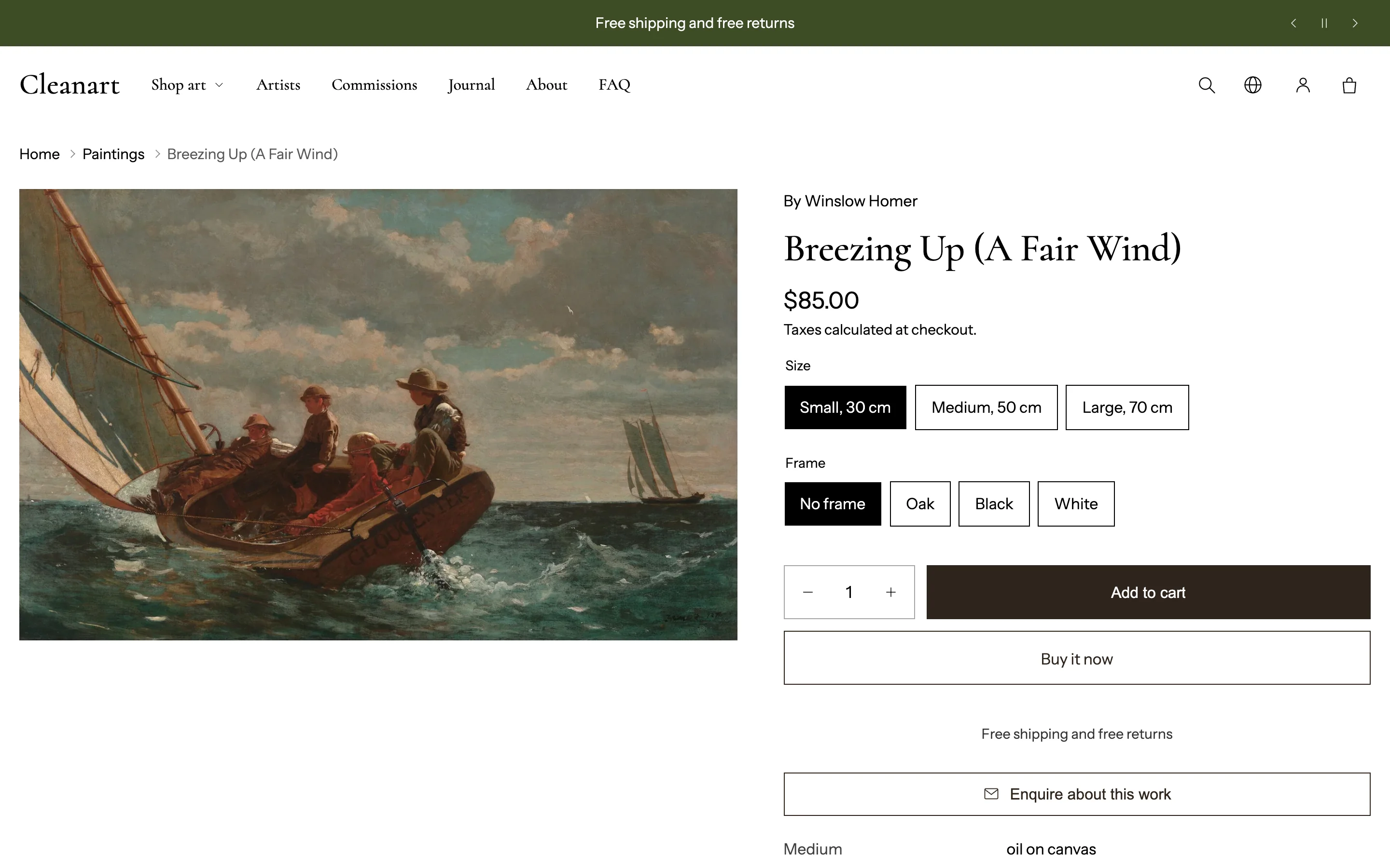 A product page with gallery, sizes, frames and buy buttons