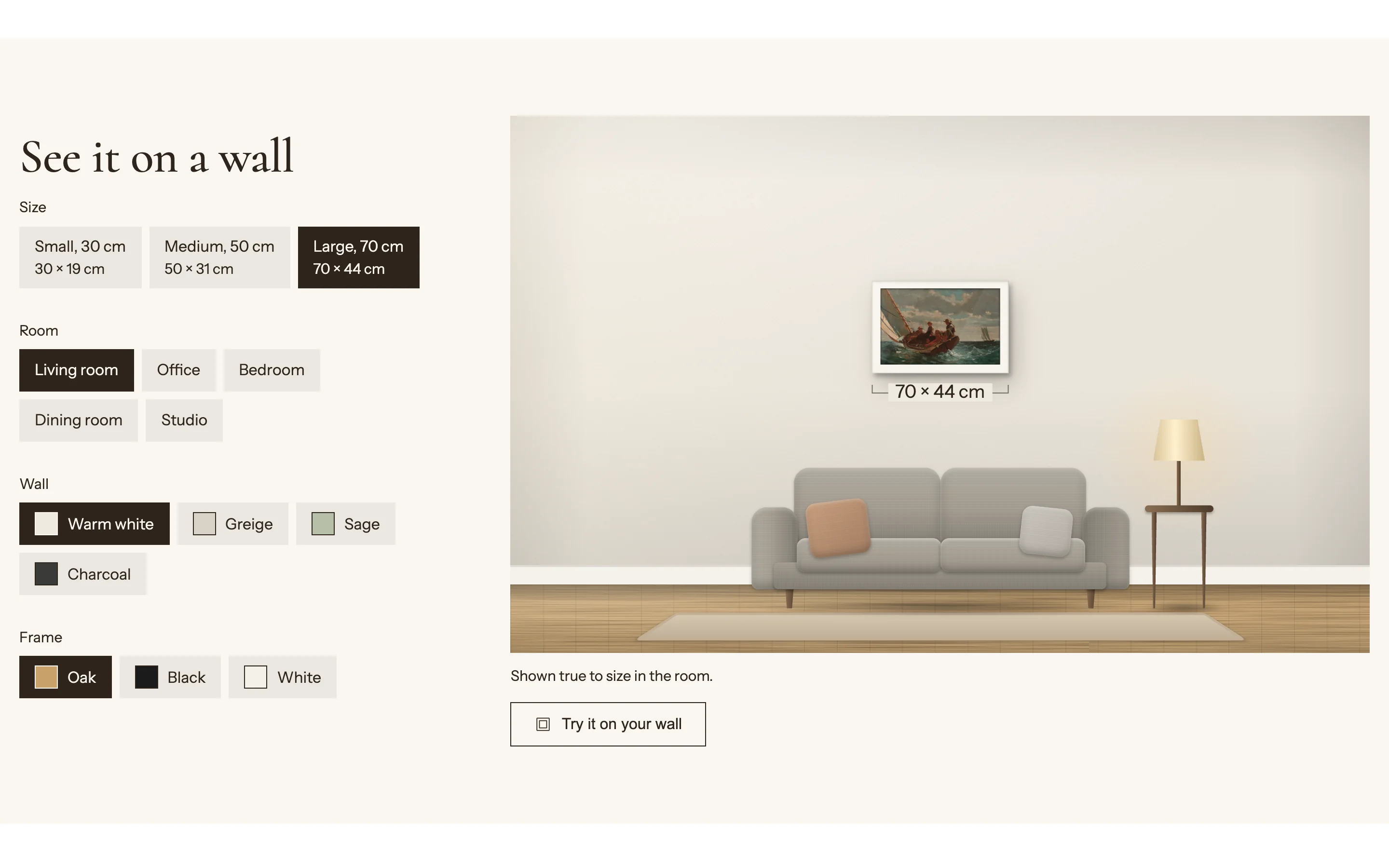 A work shown at true size in a living room, with size, room, wall and frame choices